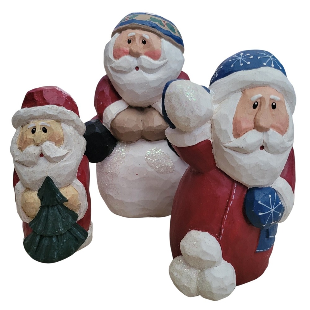 Vtg Hand Carved Painted Wood Santa Claus Figurines Set 3 Signed Folk Art